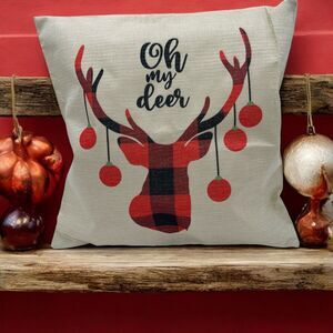 Christmas Throw Pillow Cover Reindeer Outdoor Zip Close 17” X 17”